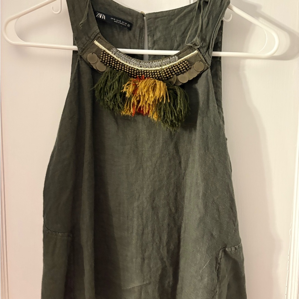 Zara Khaki Sleeveless Top with Bead Embellishments